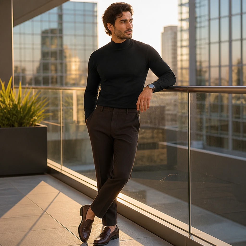 Man wearing a black high-neck long sleeve tee and dark brown trousers on a city terrace.