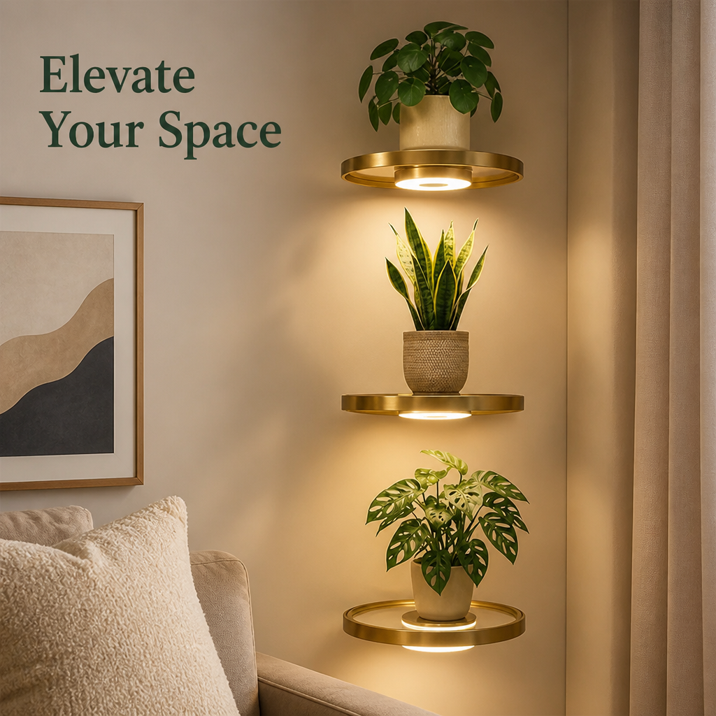Three round gold wall shelves with built-in LED glow, each holding a potted plant, on a beige wall.