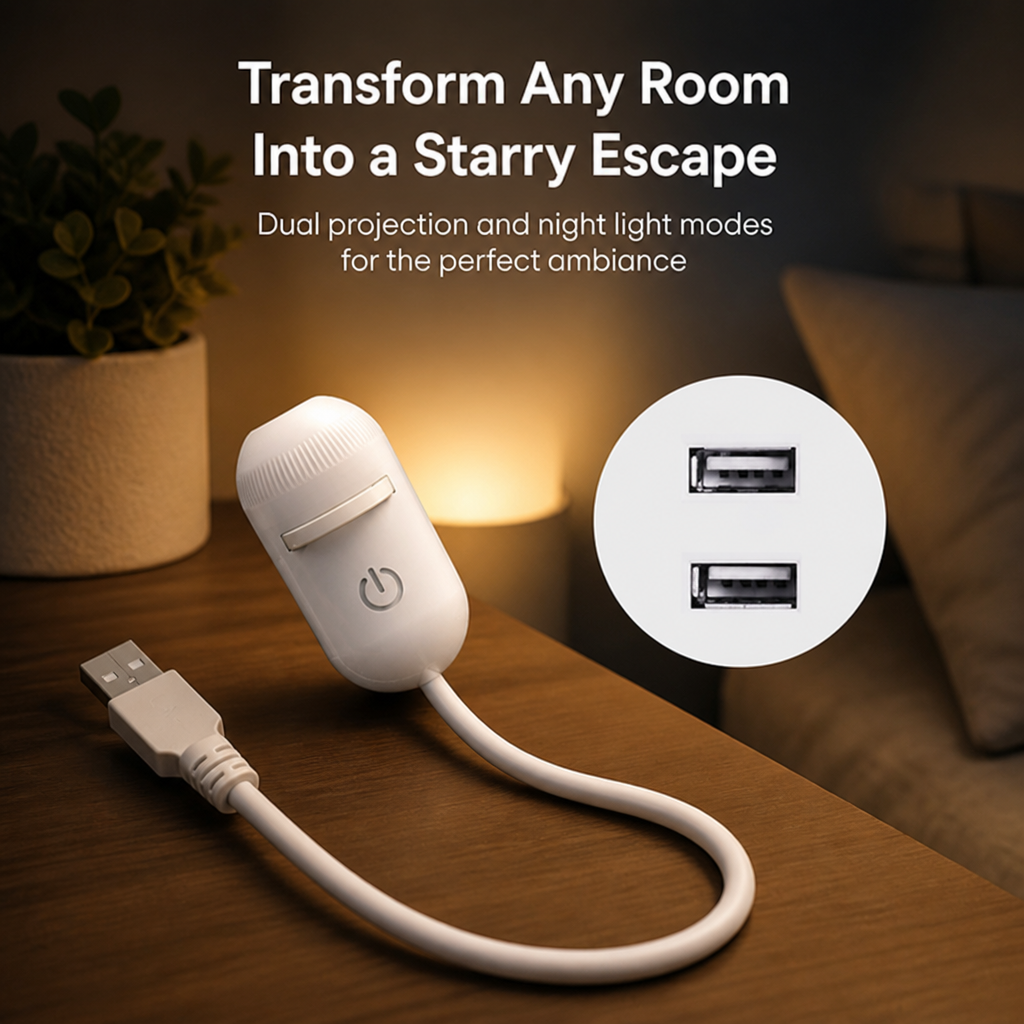 White capsule-shaped projector with a power button and flexible cord on a wooden nightstand.