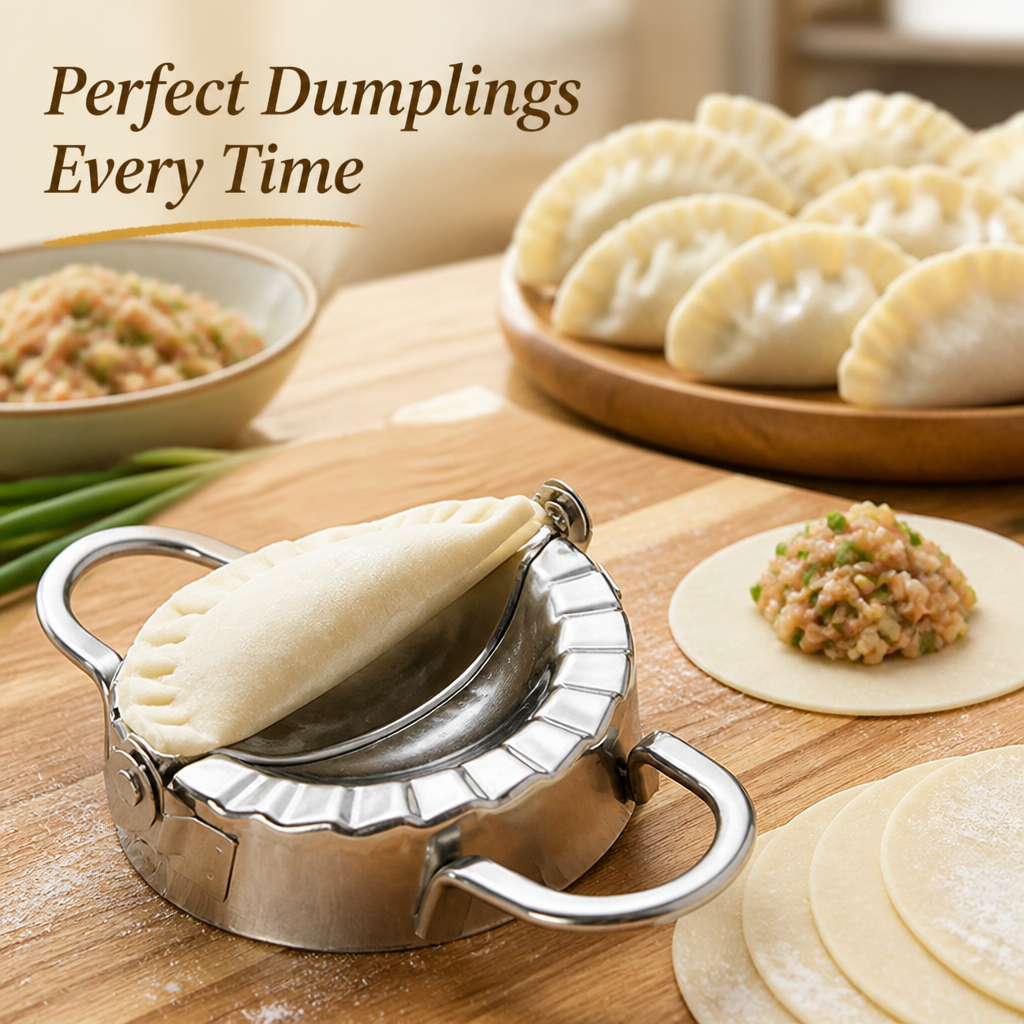 Steel dumpling mold with a folded dough half beside a plate of finished dumplings, filling and dough rounds 1