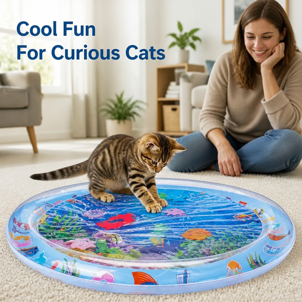 Blue round Cat Water Play Mat with a cat pawing at floating fish on a living room rug.