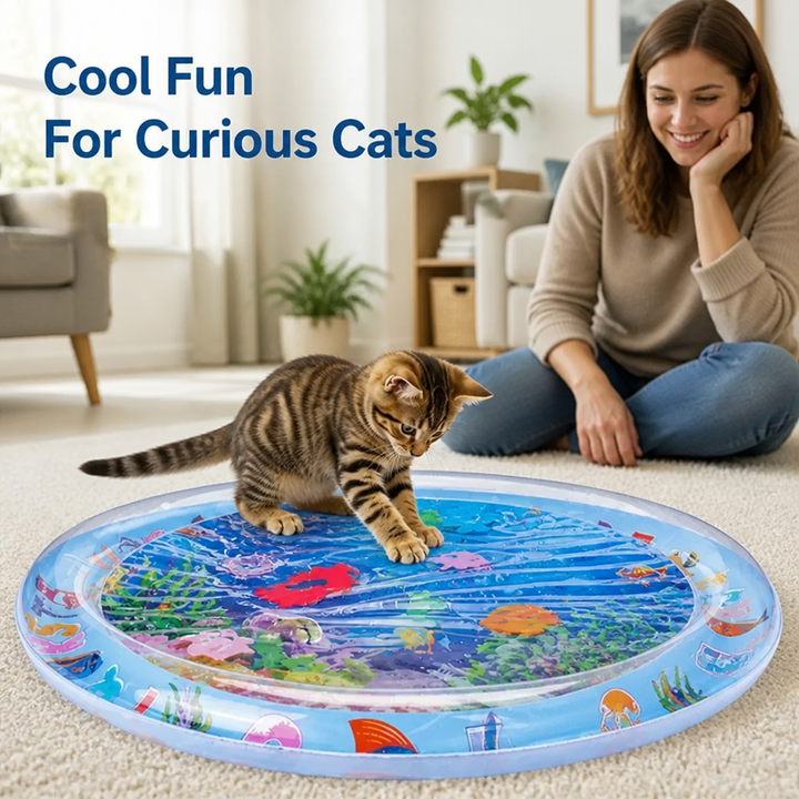 Blue round Cat Water Play Mat with a cat pawing at floating fish on a living room rug.