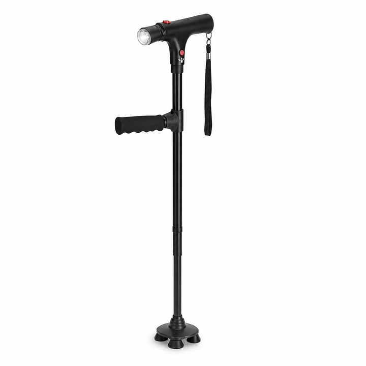 Black folding cane with LED light, red buttons and four-footed base on a white background.