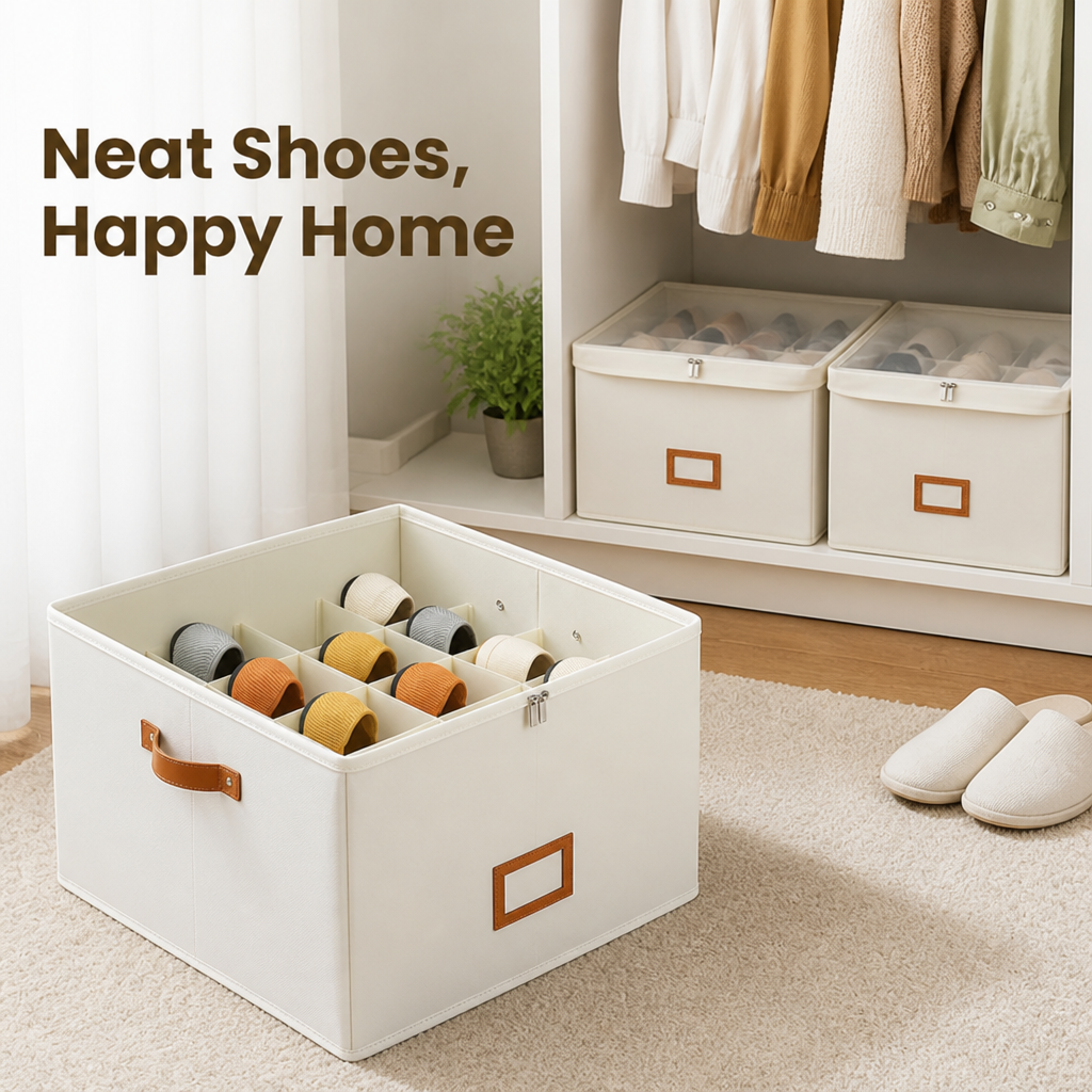 Open cream fabric shoe box with a divided grid and tan handle on a rug, lidded boxes on a closet shelf behind. 1