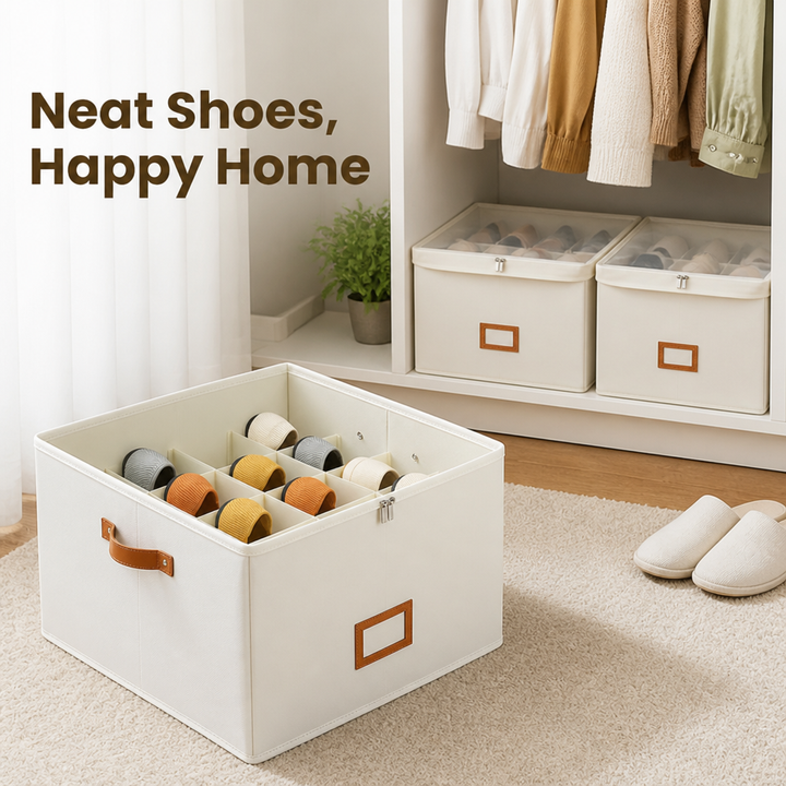 Open cream fabric shoe box with a divided grid and tan handle on a rug, lidded boxes on a closet shelf behind. 1