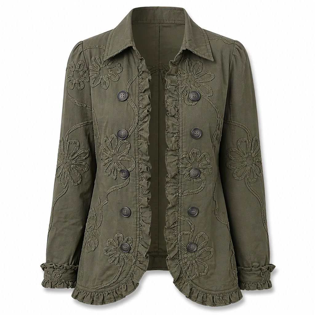 Olive green floral embroidered utility jacket laid open with embroidered flowers, ruffled front edges, buttons and ruffled cuffs.