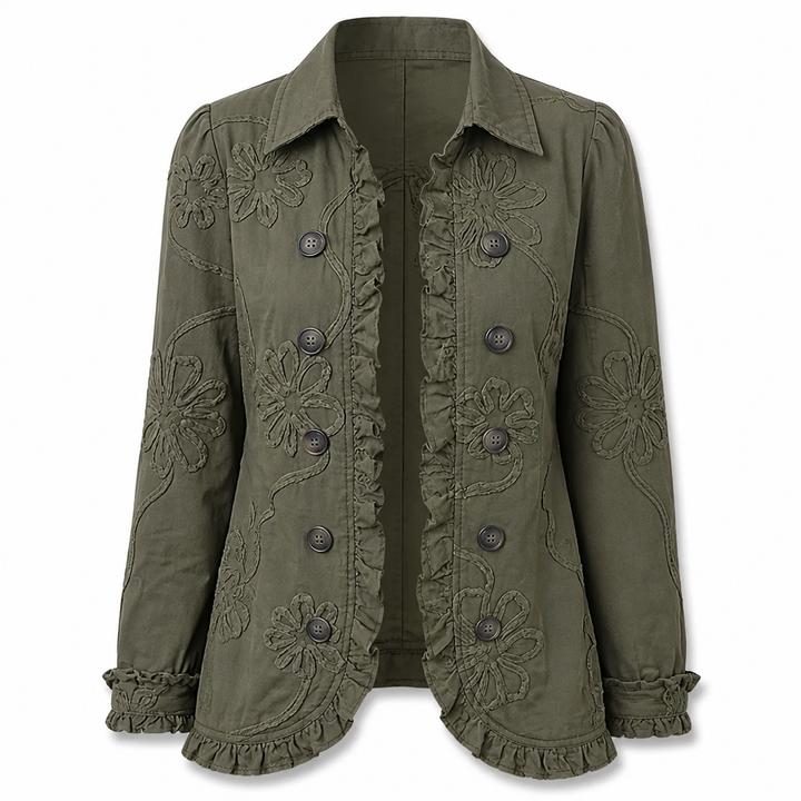 Olive green floral embroidered utility jacket laid open with embroidered flowers, ruffled front edges, buttons and ruffled cuffs.