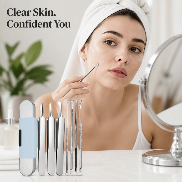 Woman in a head towel holds a steel extractor to her cheek at a mirror, with the tool set and case below. 1