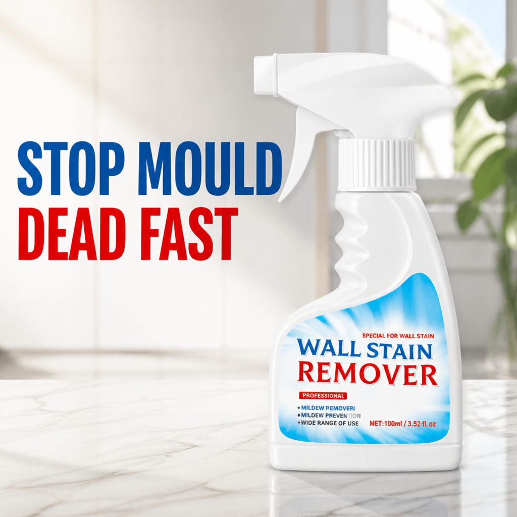 White plastic trigger spray bottle with a blue, red and white label on a marble countertop.