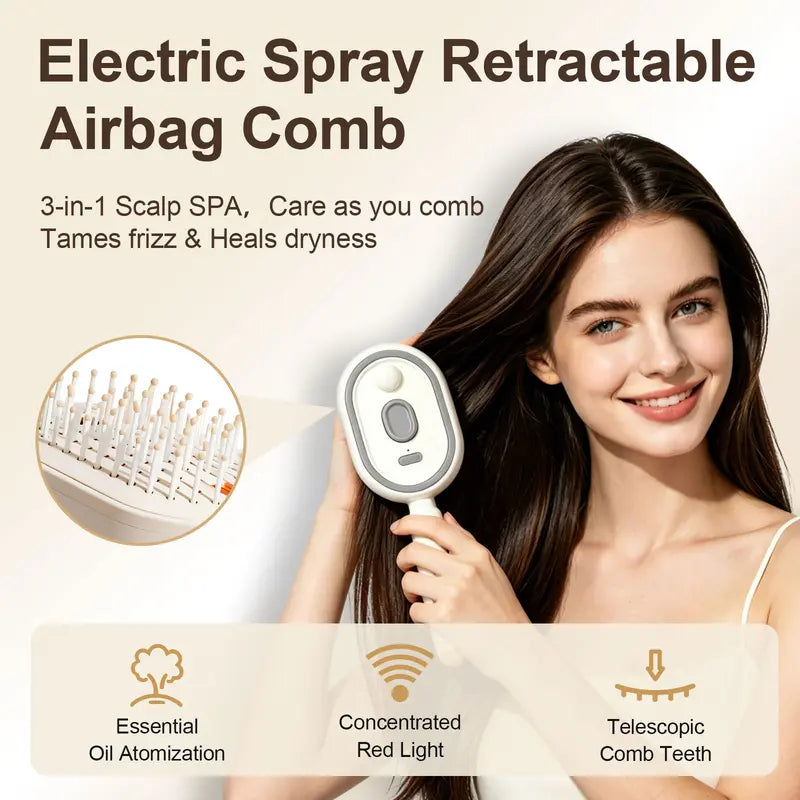 Smiling woman with long dark hair combing with the cream device, with a close-up of the white teeth and feature icons below. 2