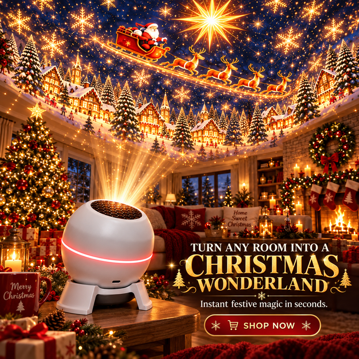 White spherical projector on a coffee table casting Santa's sleigh, snowflakes and a village scene across a decorated living room ceiling.