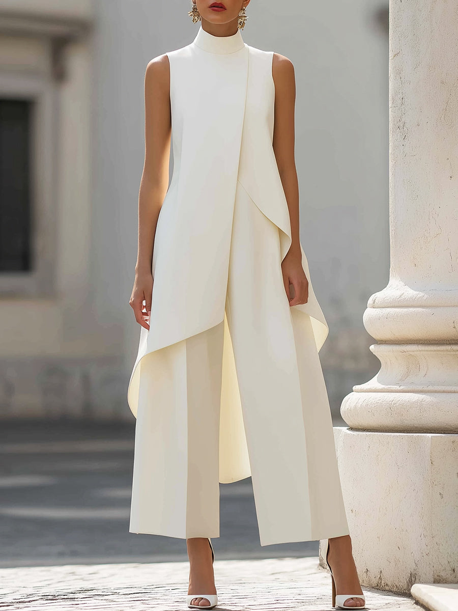 Women's Two-Piece Asymmetric Top and Wide-Leg Pants Set in cream white, another view.