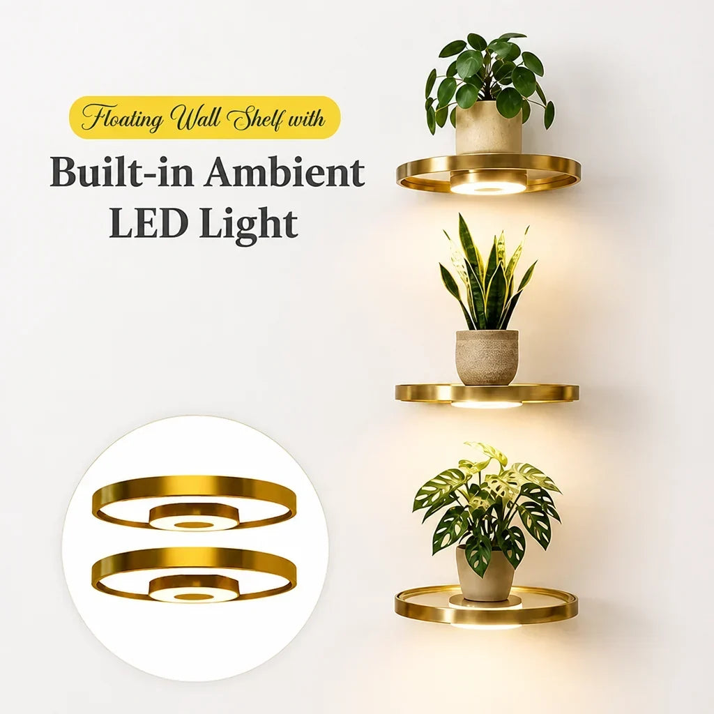 Three gold plant shelves lit from below on a white wall, with an inset showing two shelves 6