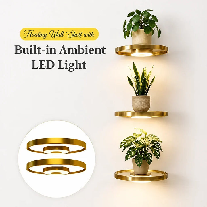 Three gold plant shelves lit from below on a white wall, with an inset showing two shelves 6