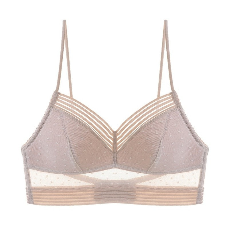 Flat front view of the taupe bra showing thin straps, dotted mesh cups, striped neckline and band 7
