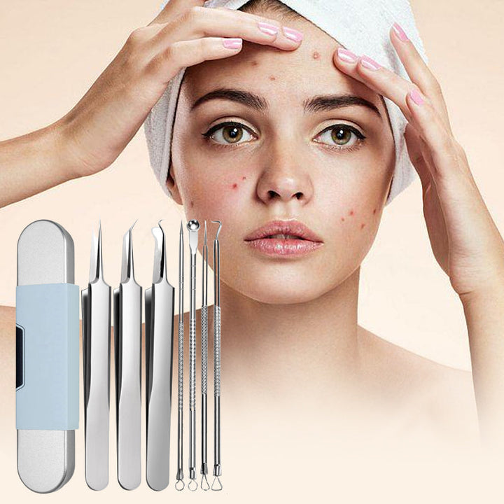Woman in a head towel pressing her forehead, with visible blemishes on her face, above the full set of tweezers, picks and case. 4