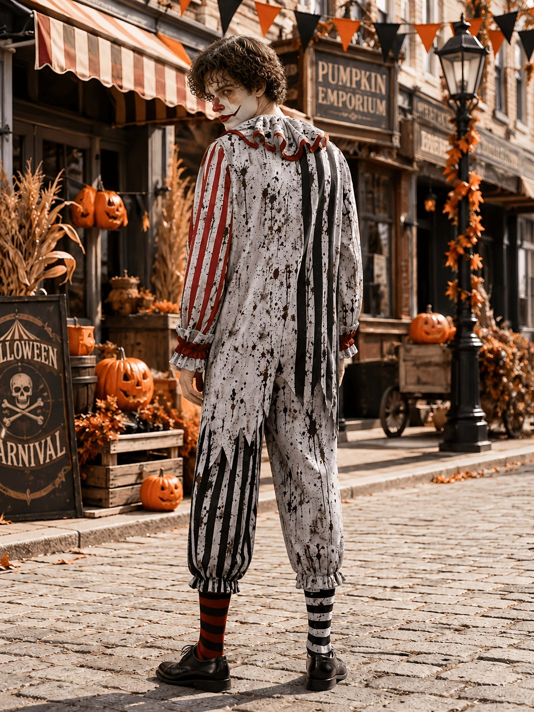 Back view of the clown jumpsuit worn by a model looking over his shoulder, showing jagged striped panels and the ruffled collar from behind. 3