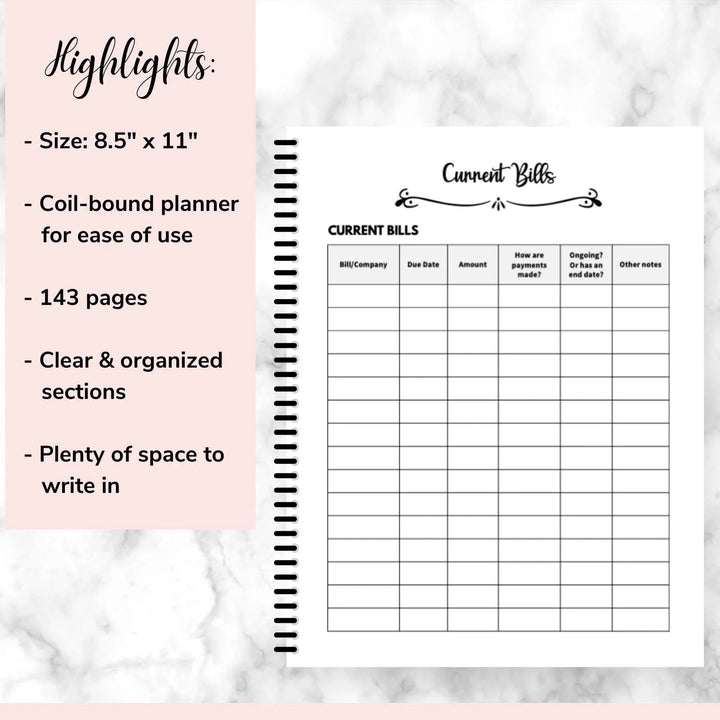 Coil-bound planner page with a blank current bills table, next to a list of product highlights 9