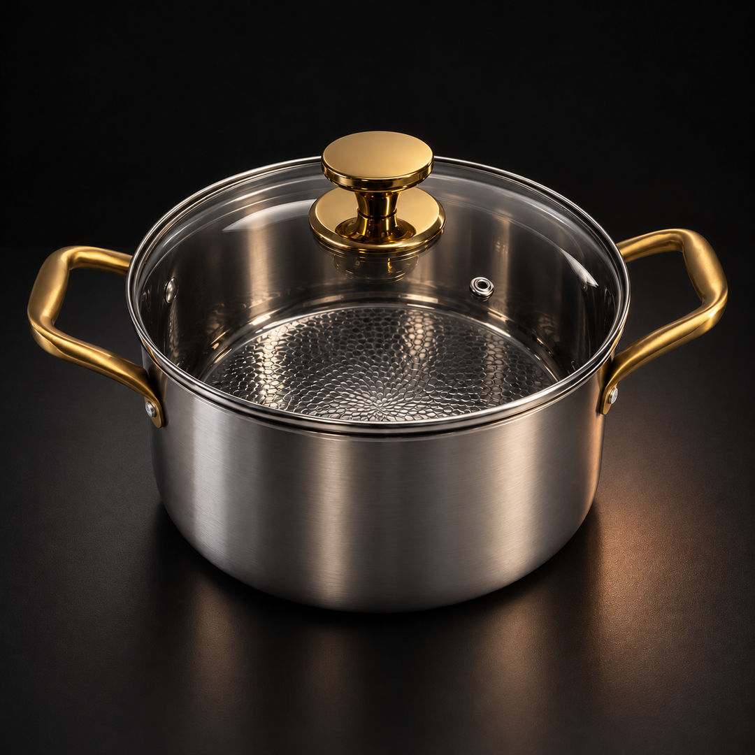 Brushed metal pot with gold-toned handles and a glass lid with a gold knob, shown on a dark background. 1