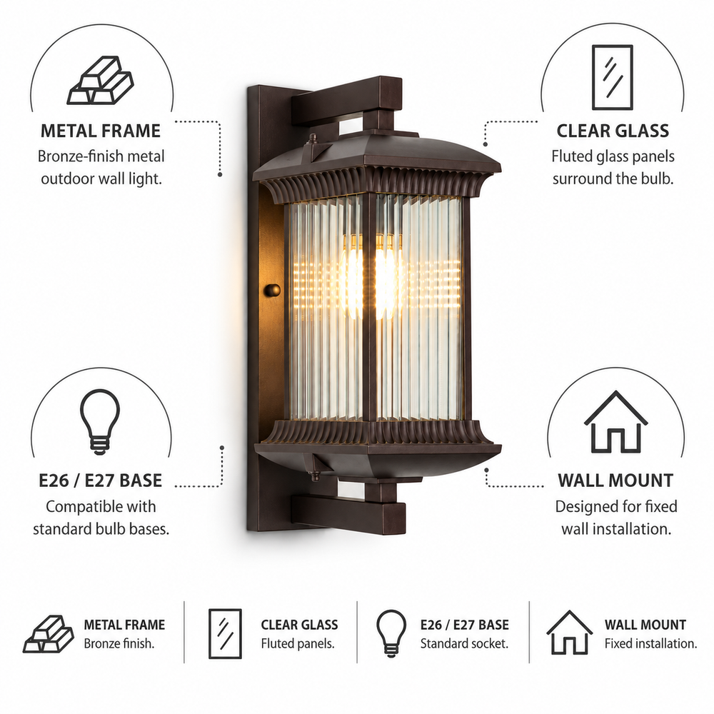 Outdoor wall light detail with a brown metal frame, ribbed glass, bulb base and wall mounting callouts.