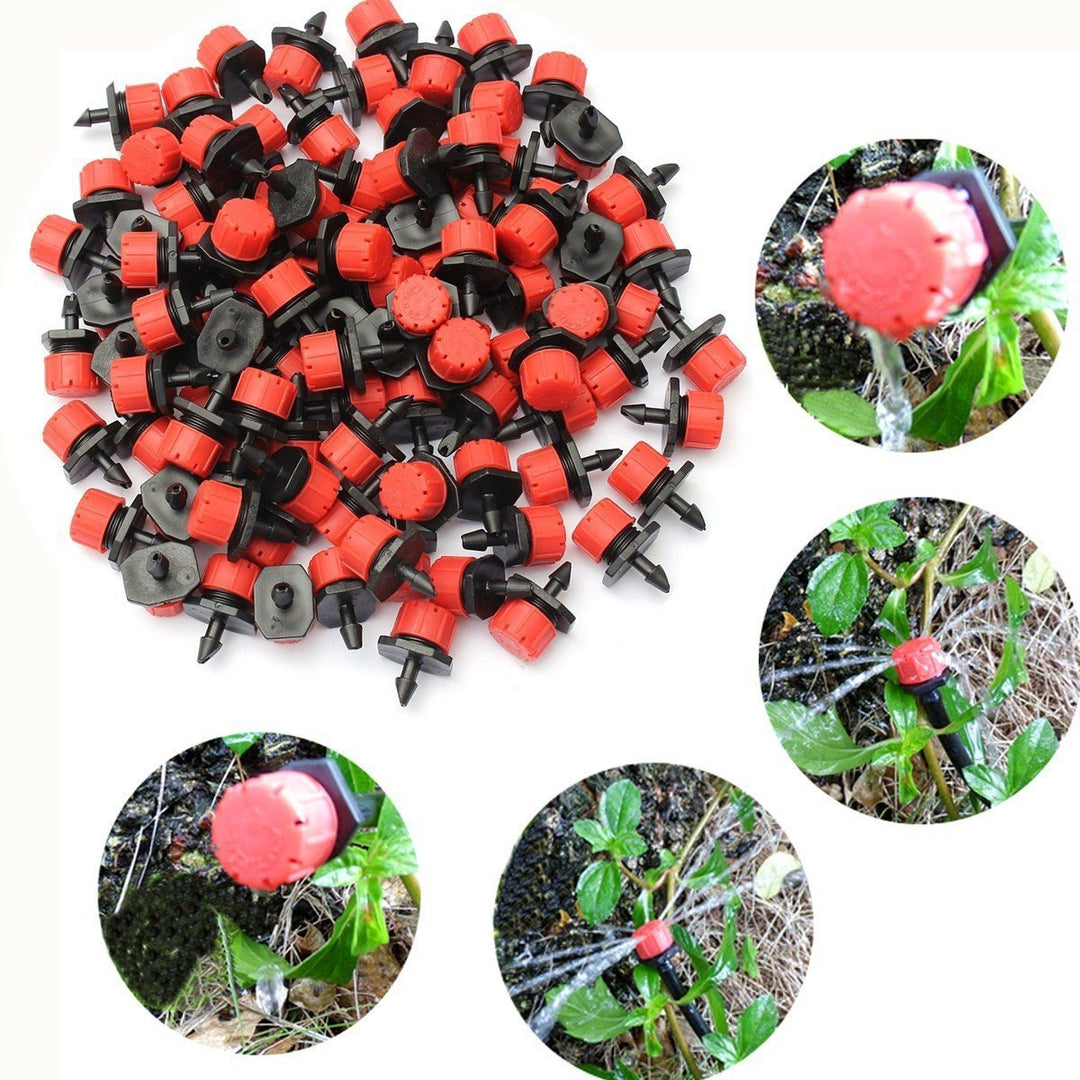 Pile of many red and black adjustable drippers with barbed stems, plus four small circular views of watering garden plants.