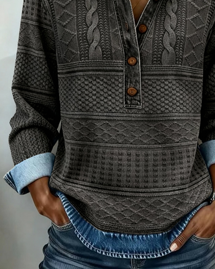 Women's charcoal gray patterned sweatshirt, another view with button front and hem.