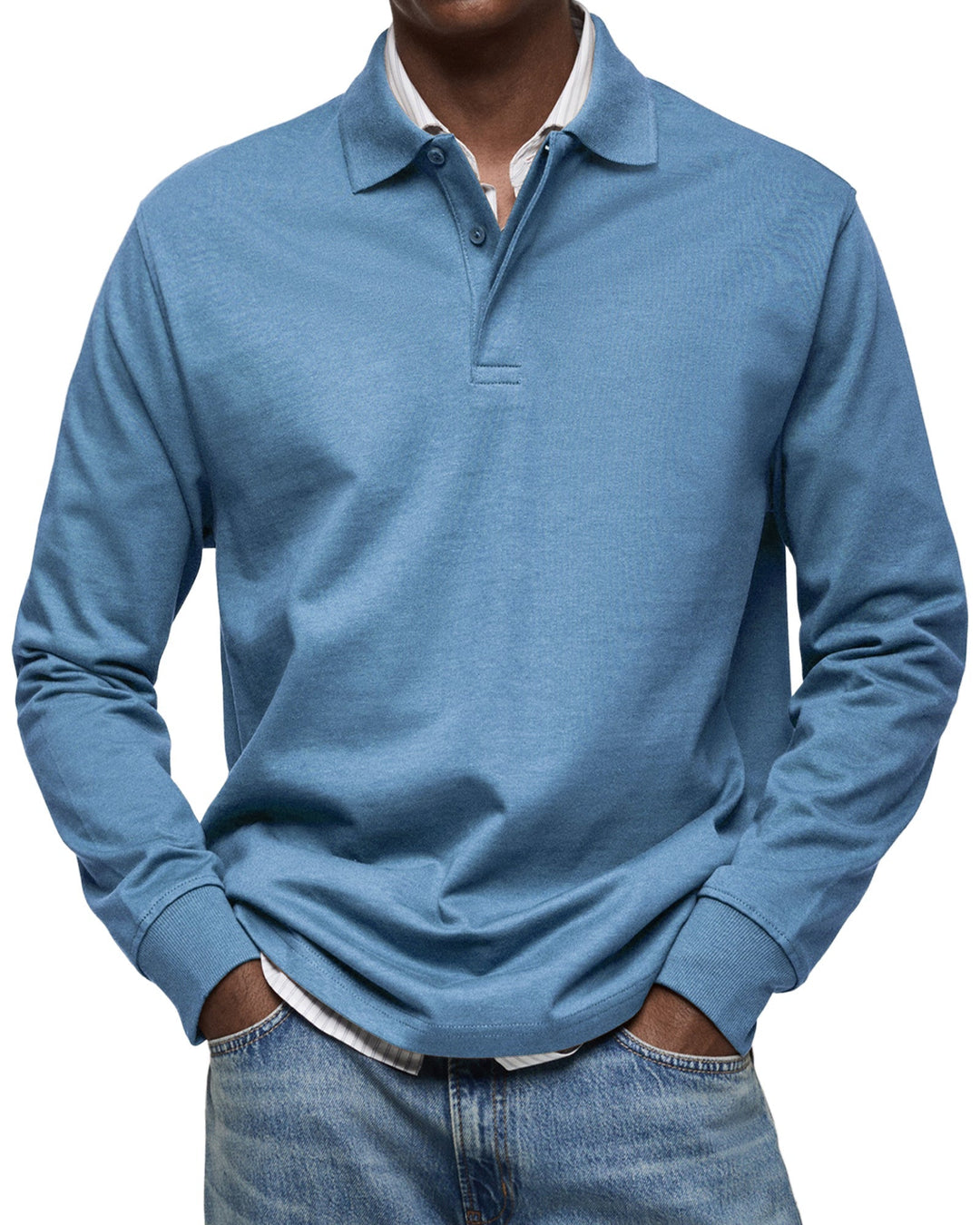 Man wearing the long sleeve polo shirt in a muted steel blue, another view.
