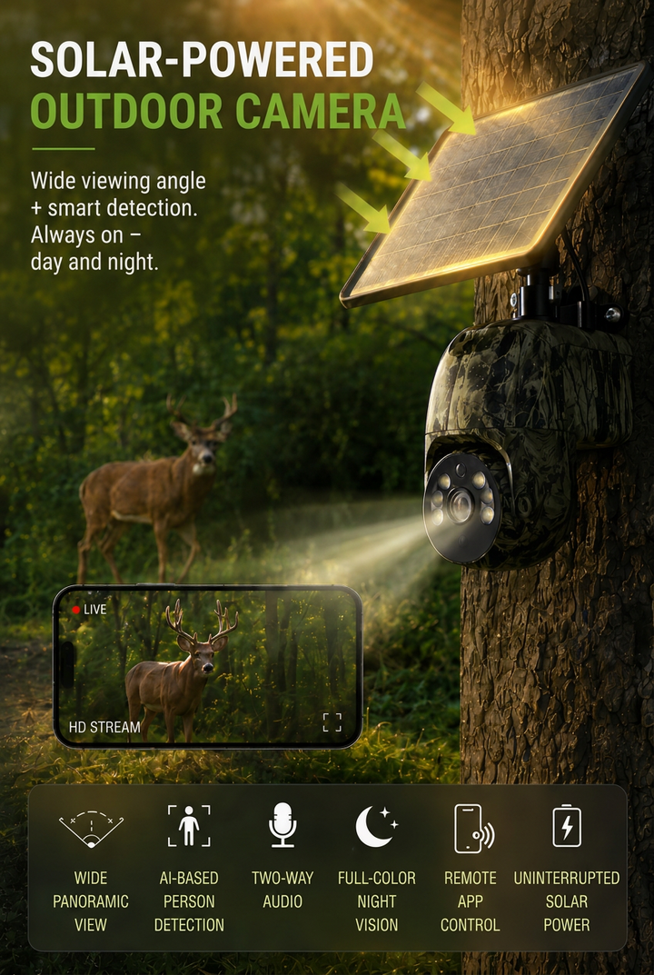 Camouflage camera with solar panel on a tree, a deer in view and a phone showing the live stream, with feature icons below.