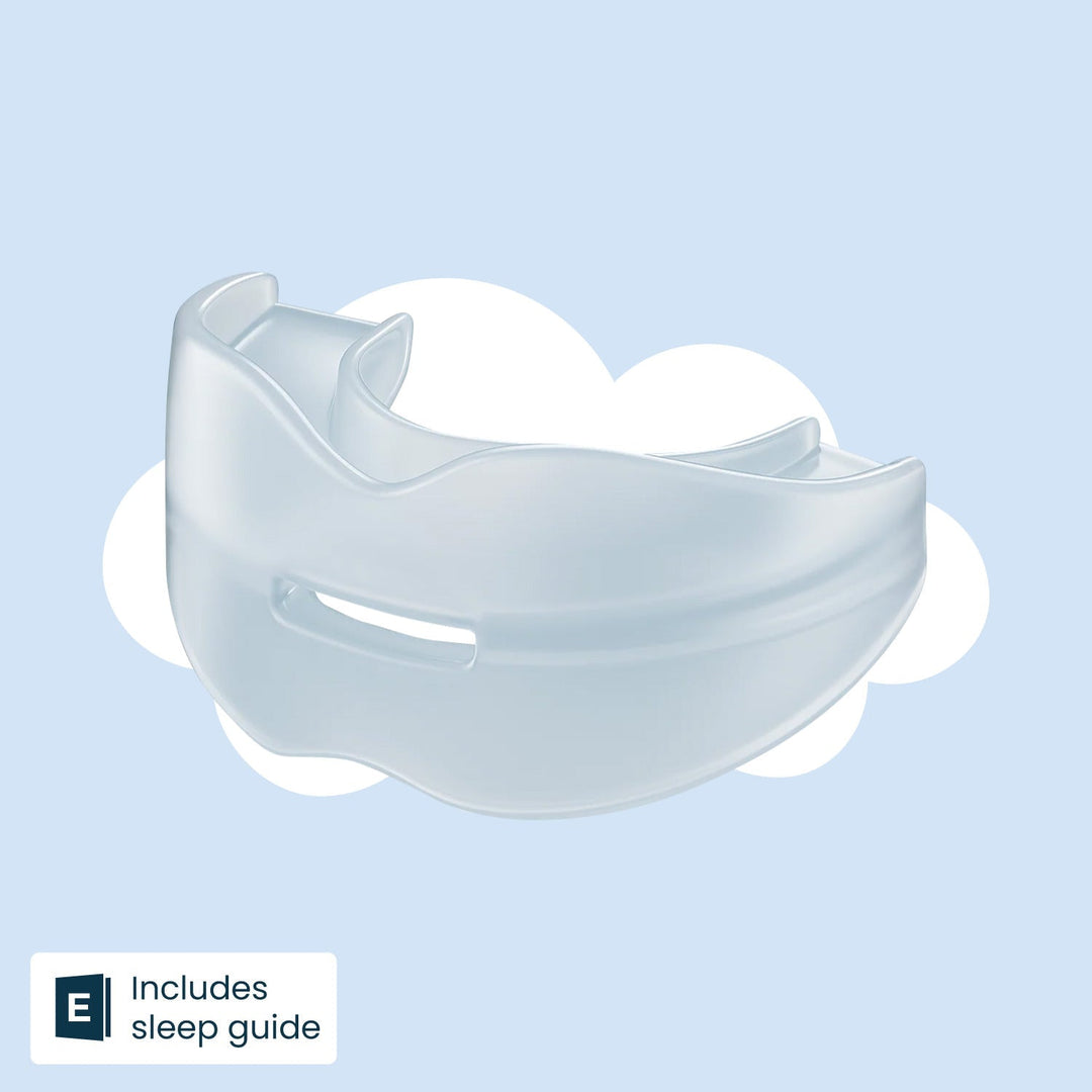 Clear translucent silicone recovery mouthpiece with a front vent slot on a blue cloud background.