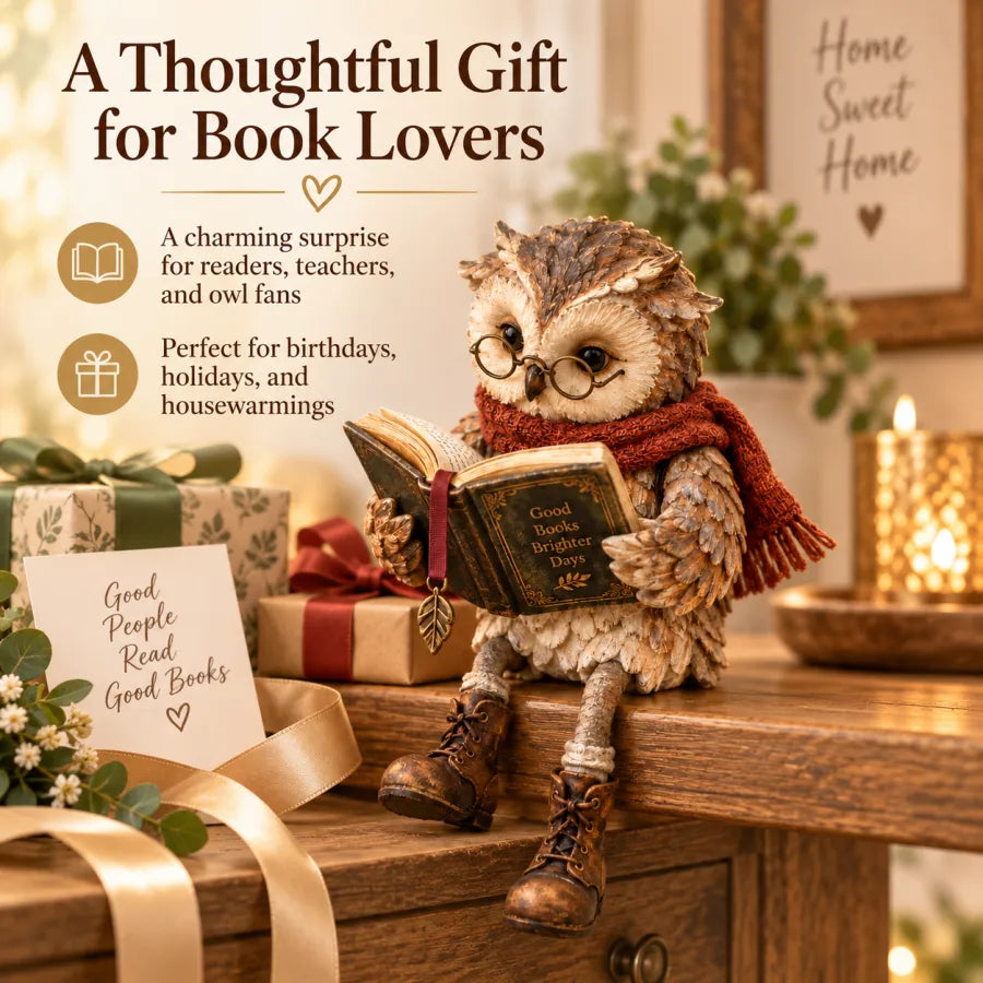 Beige and brown owl figurine with glasses, book, scarf and boots, another view.