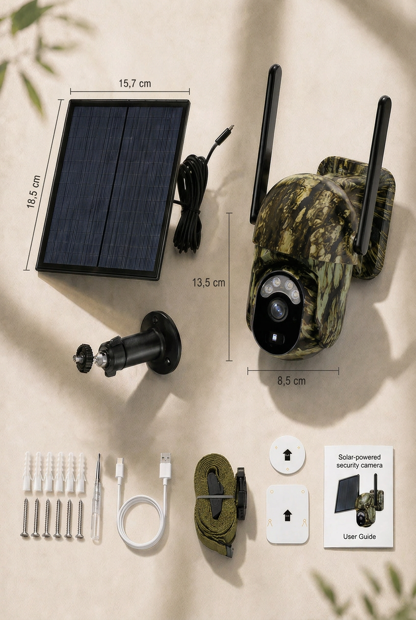 Flat lay of the camera, solar panel, mounting bracket, screws, anchors, USB cable, strap, adhesive pads and user guide, with dimensions marked.