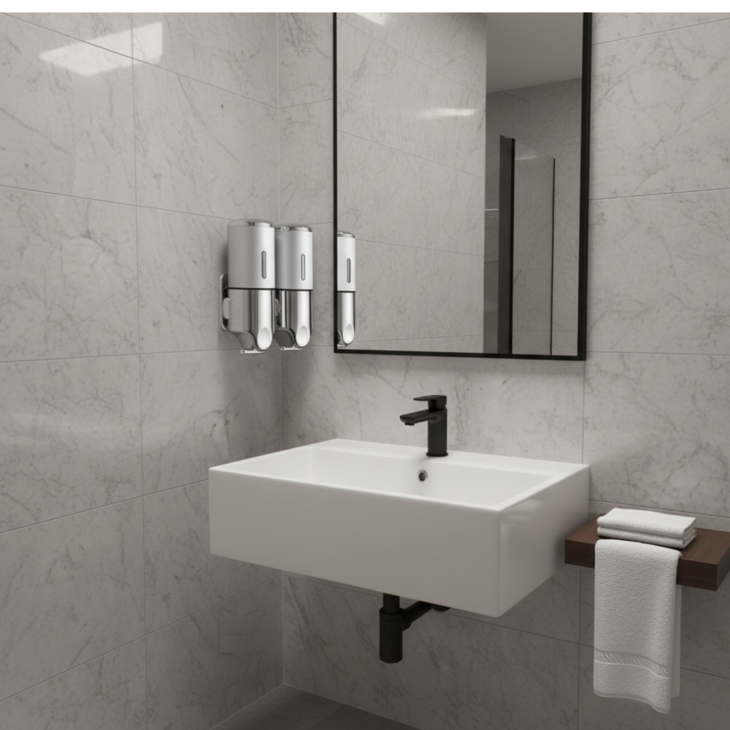 Wall-mounted white soap dispenser, another view.