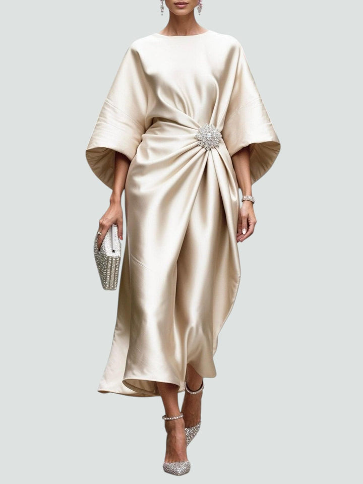 Women’s blue satin maxi dress, another view, with cape sleeves and a brooch at the waist