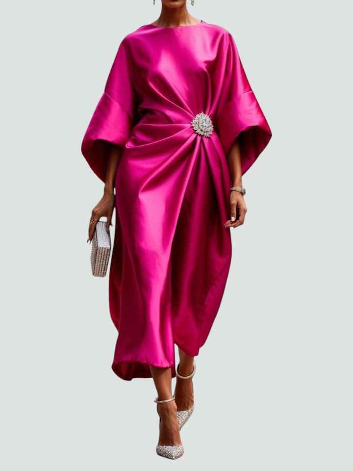 Women’s blue satin maxi dress, another view, with cape sleeves and a brooch at the waist