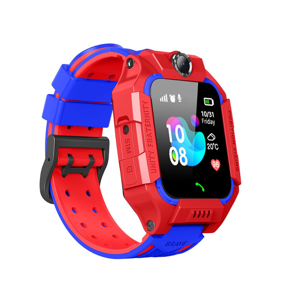 Rugged red and blue kids smartwatch seen from the opposite side, with a black buckle, perforated strap and bold clock face on the screen. 8