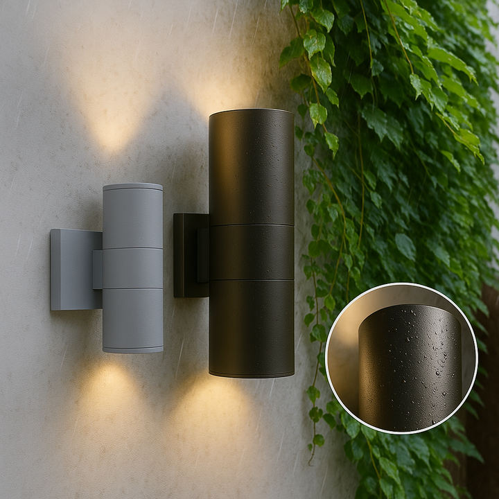 Black LED outdoor wall light with a metal finish, shown on a textured wall beside ivy.