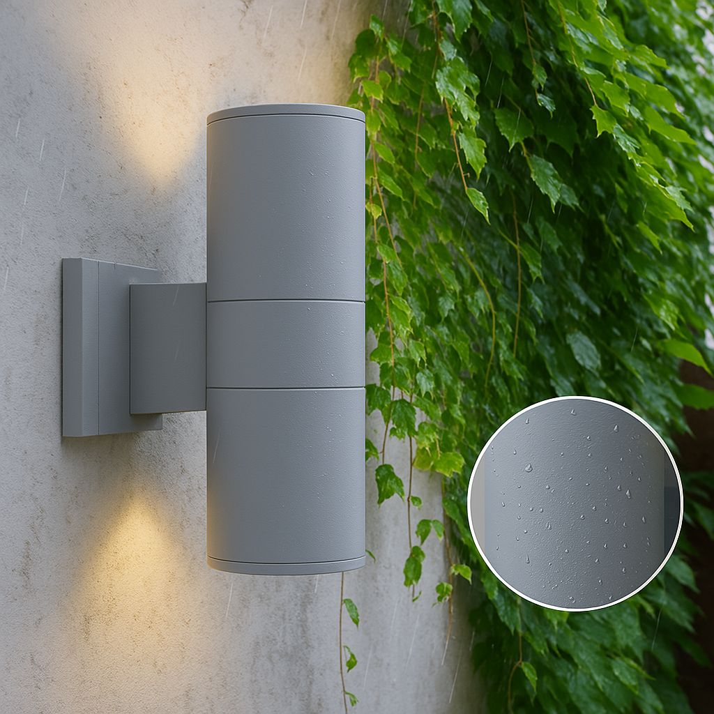 Black LED outdoor wall light, another view, mounted on a rain-speckled wall next to climbing ivy.