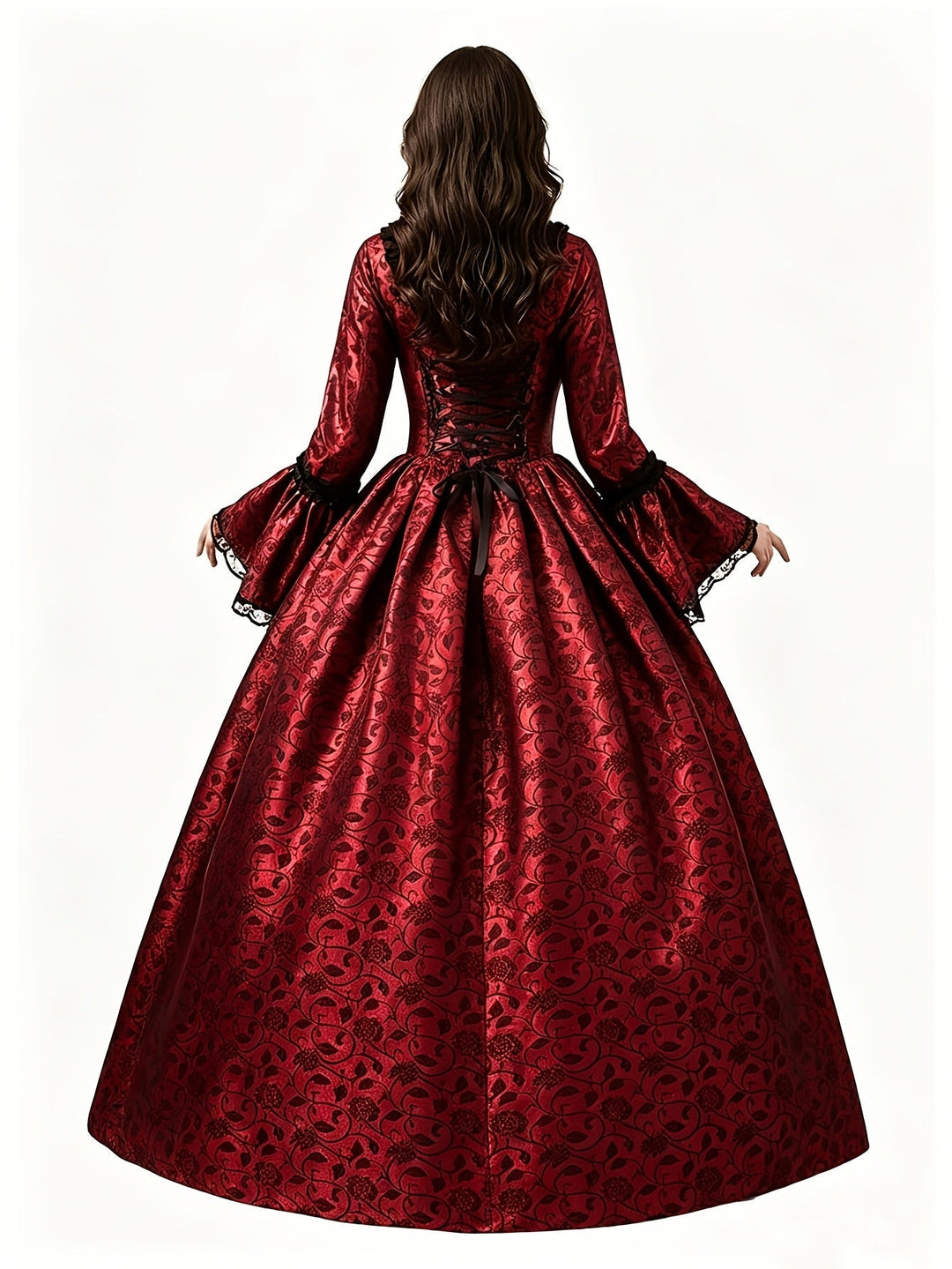 Women's gothic vampire costume dress in black and blue with flared sleeves, back view.