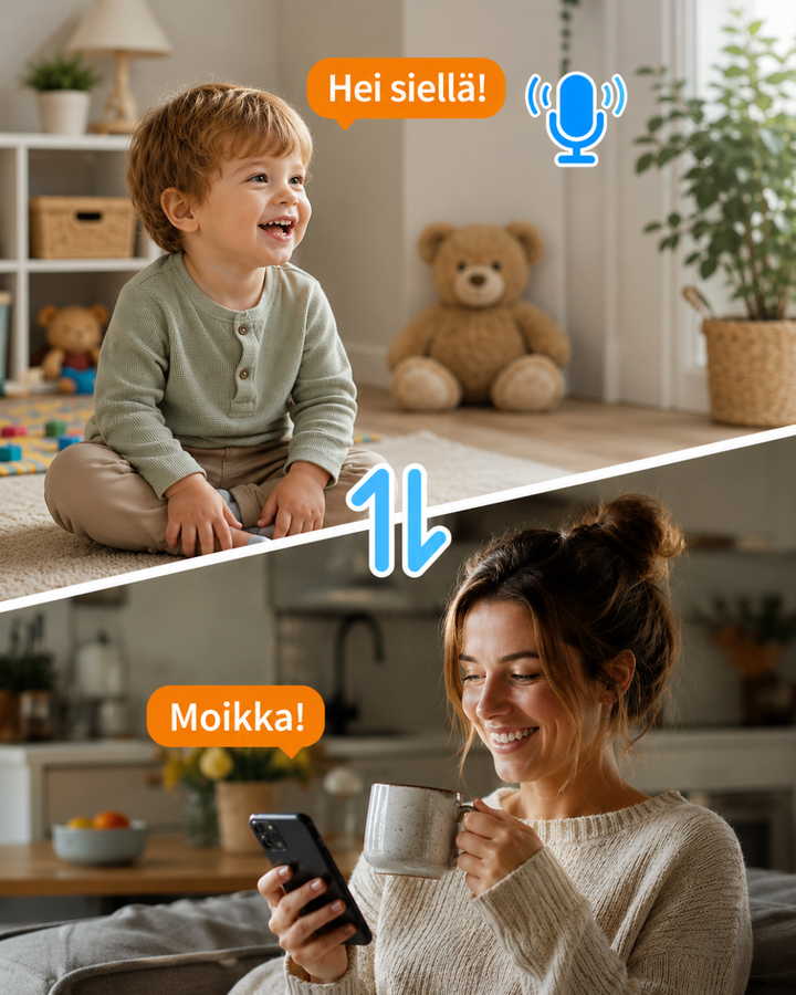 Two-way talk scene: a smiling toddler on a playroom rug answering a woman who greets him through her phone while holding a mug. 10