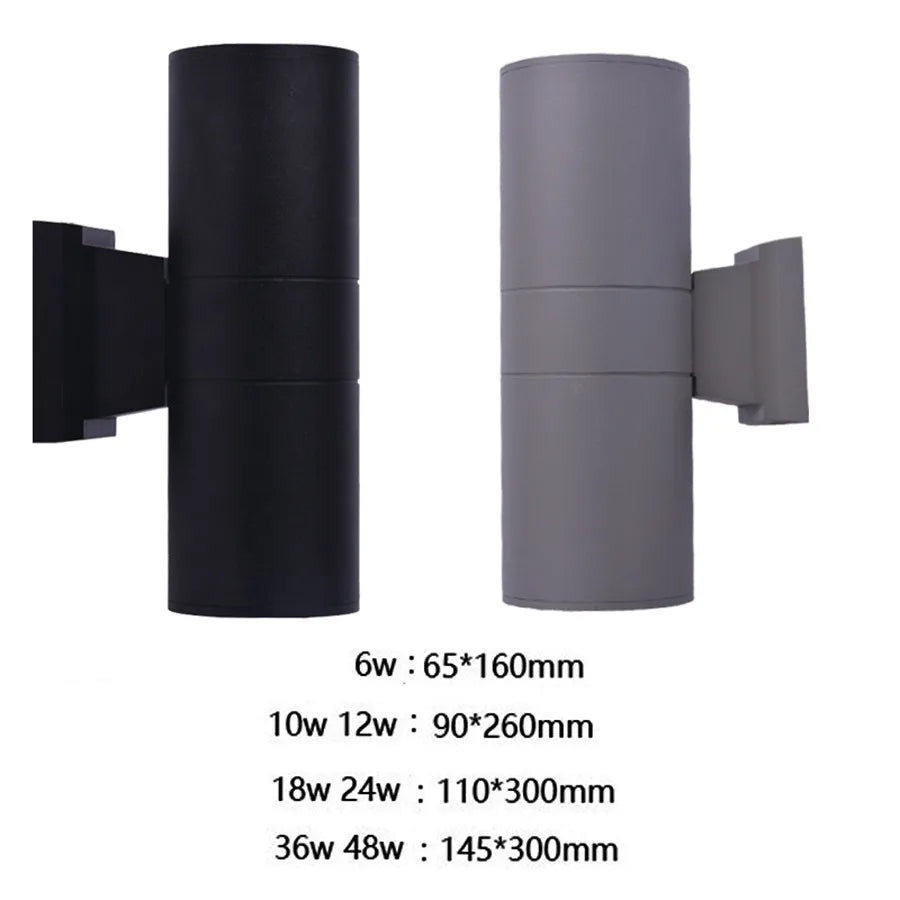 Black LED outdoor wall light, detail of side views with mounting plates and a size chart.
