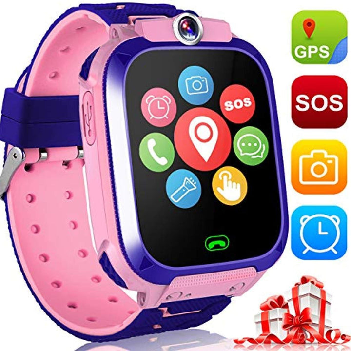 Pink and purple kids smartwatch with colorful app icons on the screen, feature badges beside it and a wrapped gift box in the corner. 4