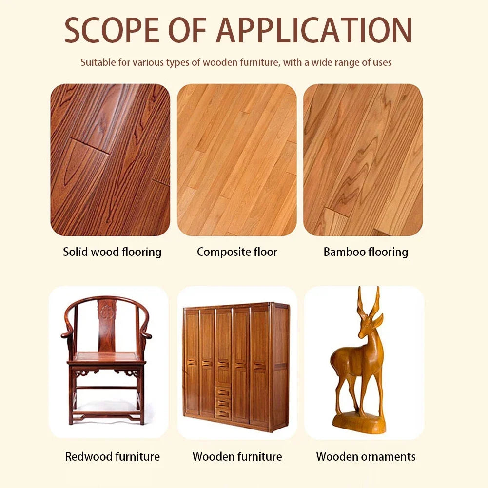 Grid of surfaces the polish suits: wood, composite and bamboo flooring, a chair, wardrobe and carved deer 10