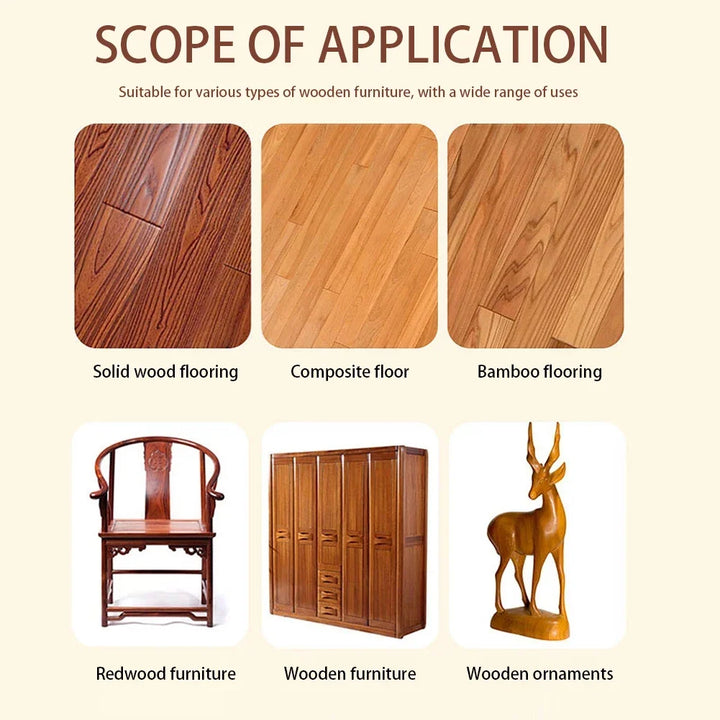 Grid of surfaces the polish suits: wood, composite and bamboo flooring, a chair, wardrobe and carved deer 10