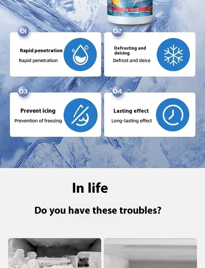 Four icons on an icy background show rapid penetration, defrosting, anti-icing and lasting effect 10