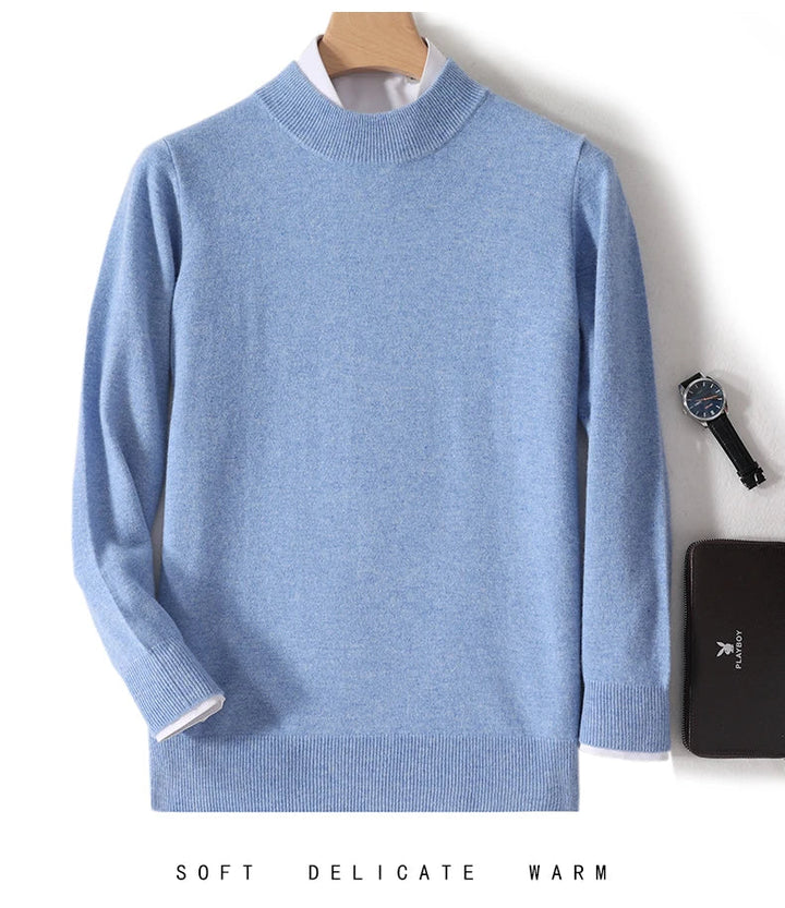 Medium blue knit sweater on a hanger over a white shirt, with a watch and wallet 10