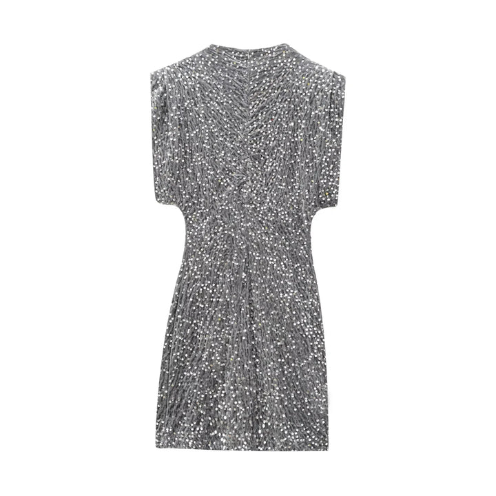 Back view of gray sequined mini dress laid flat, showing gathered center seam 10