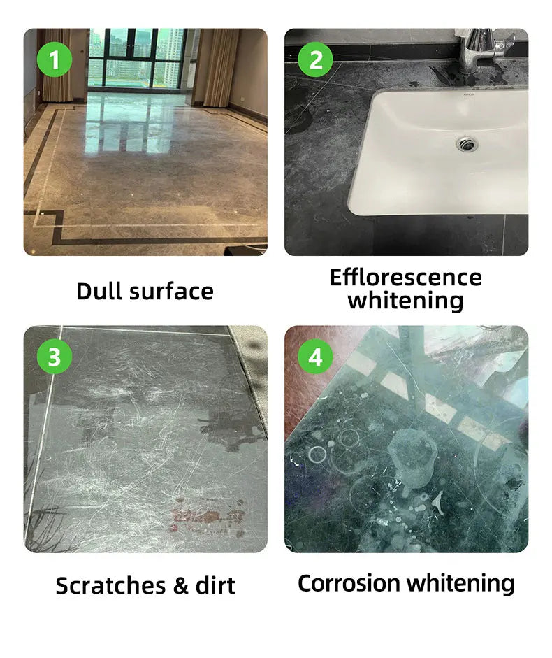 Four photos of stone damage: dull floor, whitened vanity top, scratched and dirty tile, and corroded stained surface 10