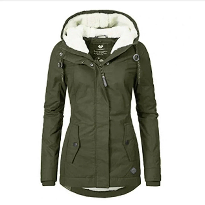 Olive green jacket from the front, showing the fleece-lined hood, zip placket and pocket flaps 10