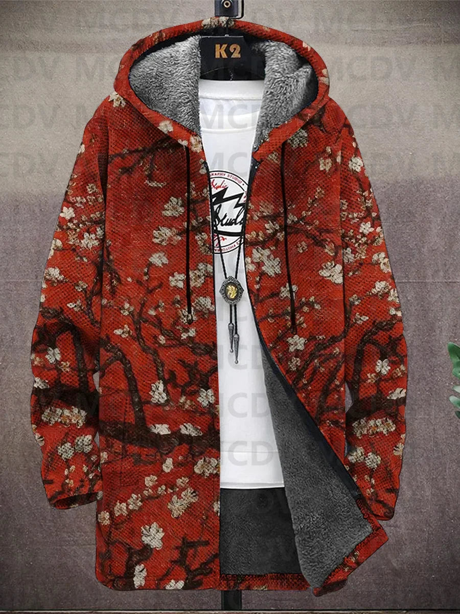 Hooded jacket on a hanger in deep red with white blossoming branches, open to show gray fleece lining 10
