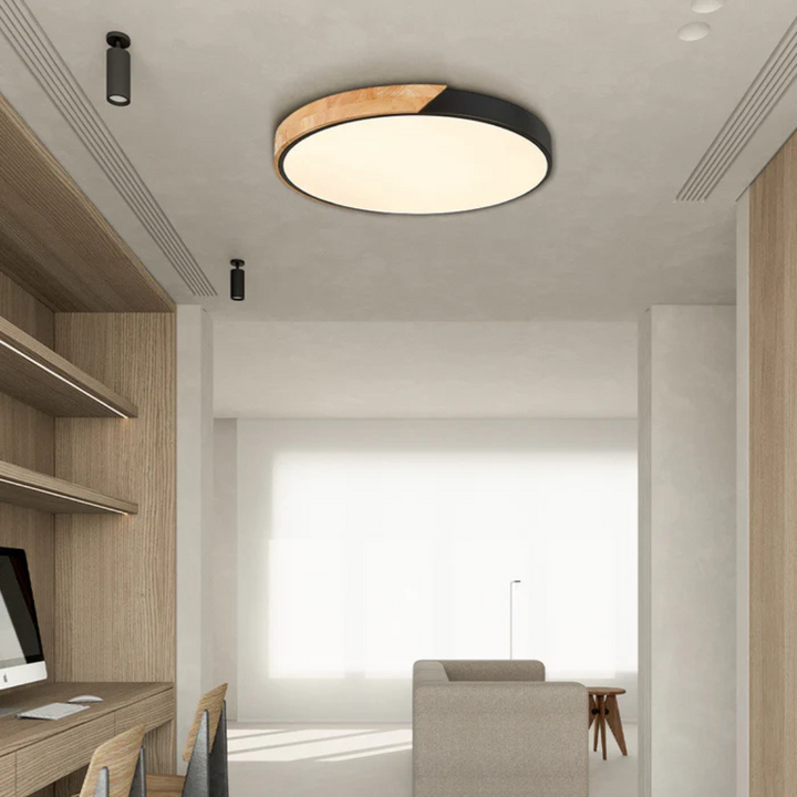 Delos Scandi Wood Ceiling Light in black and wood trim in a home office.